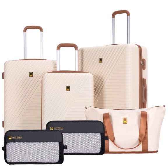 Open Box Landisun Luggage Sets 6 Piece Hardshell ABS Suitcase Set with TSA Lock, Travel Luggage with Portable Bag, Creamy White