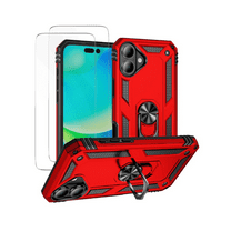 3-in-1 Entronix Heavy Duty Case Bundle for iPhone 16 Plus, Shockproof Rugged Cover with Rotating Holder Ring and 2 Clear Tempered Glass Screen Protectors, Red