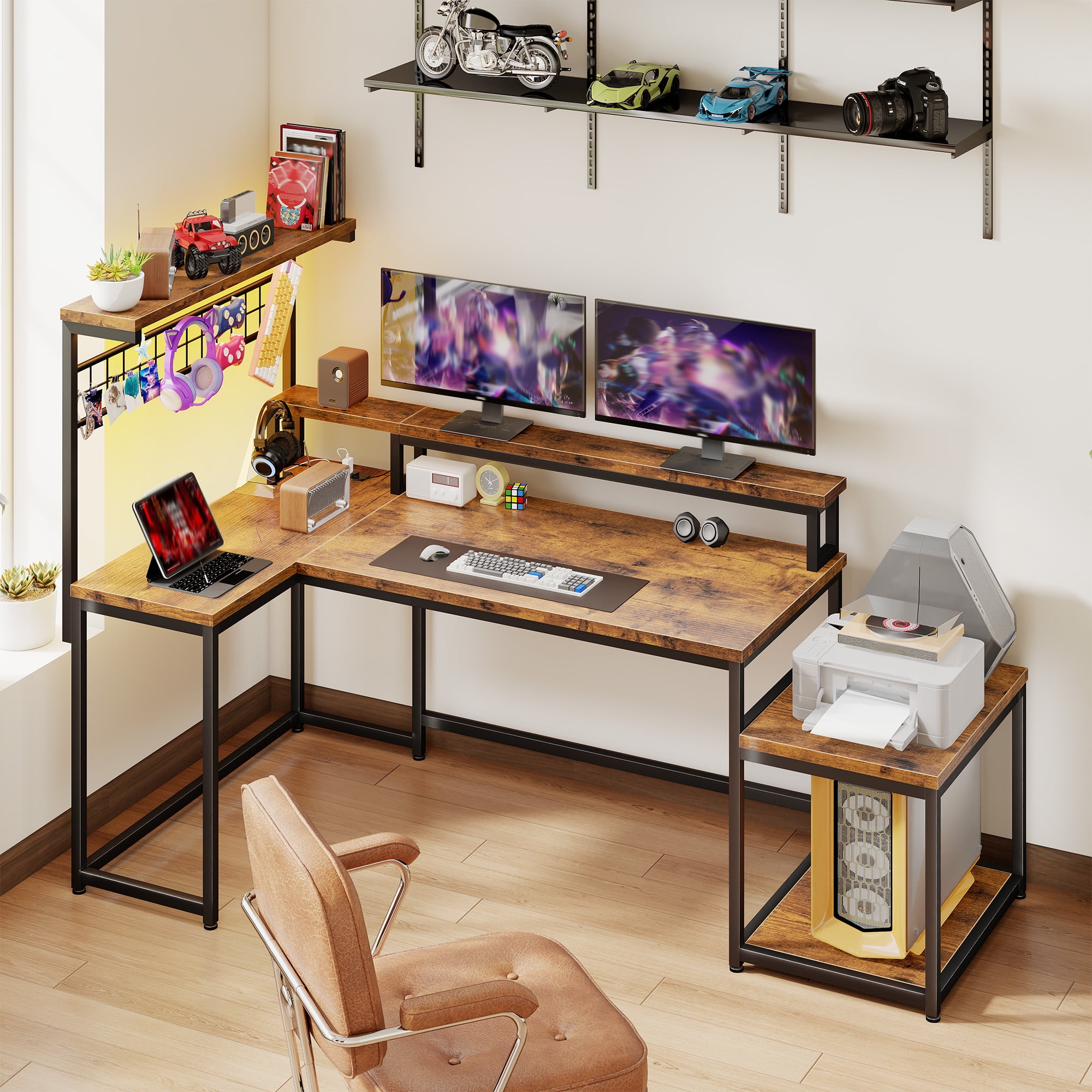 Romorgniz 63.5"W L Shaped Computer Desk with LED Lights & Power Outlets, Gaming Desk with Monitor Stand, Printer Stand & Storage Shelves for Home Office, Rustic Brown