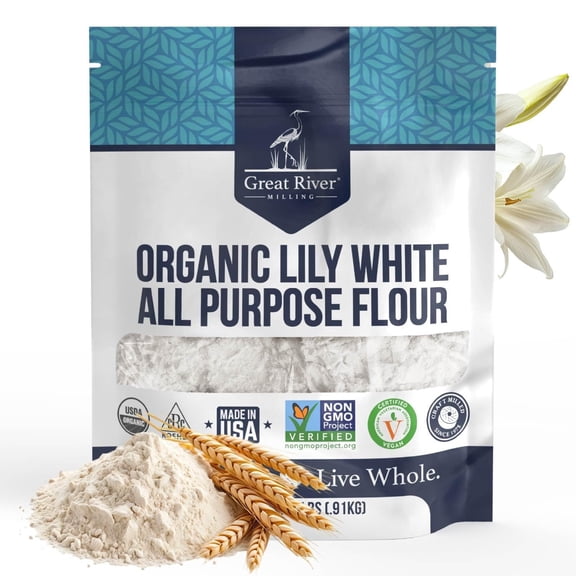 Great River Milling Lily White Organic All-Purpose Flour  Unbleached & Unbromated  Non-GMO, Kosher  Ideal for Bread, Cookies, Cakes, Pizza Dough & Everyday Baking  2 Lb
