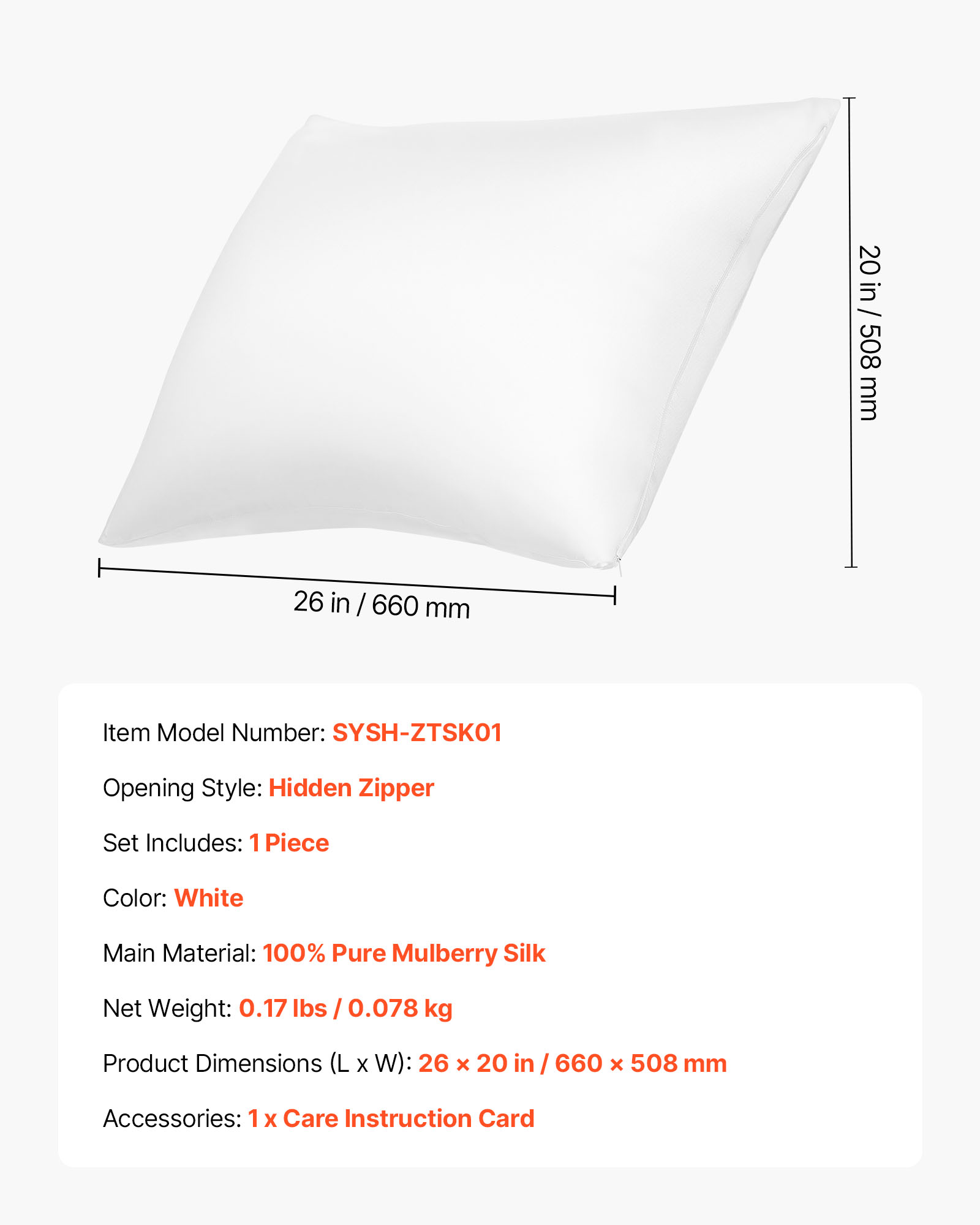 VEVOR Silk Pillowcase, 100% Pure Mulberry Silk Pillow Case, 26 in x 20 in Standard Silky Pillow Case for Hair and Skin, Smooth, Soft and Breathable Pillowcase with Hidden Zipper, for Sleeping