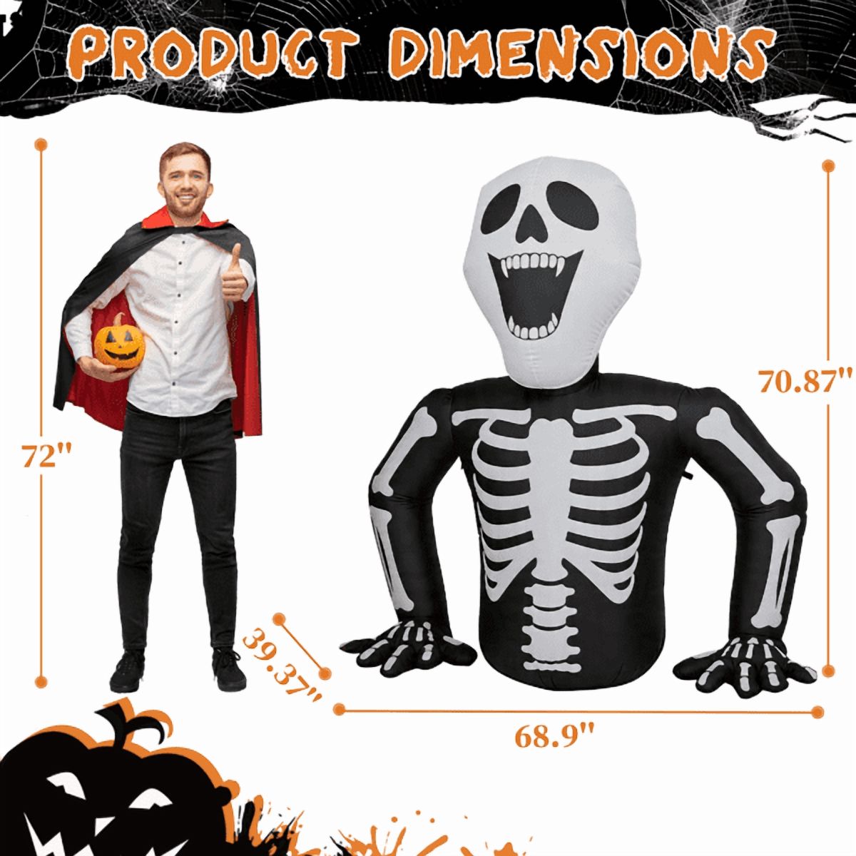 Alvantor 6 ft Halloween Inflatable Skeleton with 3 LED Lights, Black and White, for Outdoor Yard Display