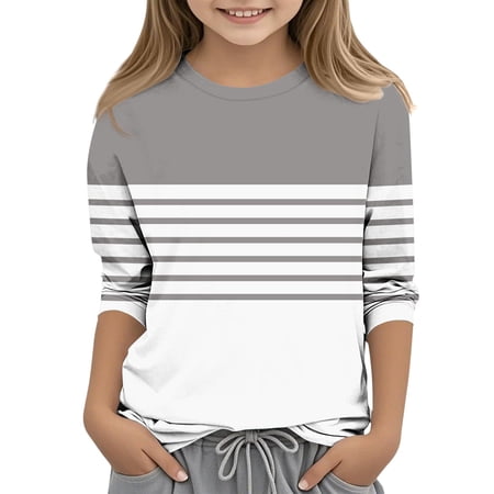 Lilgiuy Girls 3/4 Length Sleeve Tops Summer Block Color Stripe Graphic Crew Neck Shirt Casual Athletic Tops Loose Elbow Sleeve Pullover Blouse Birthday Gifts (Gray 4-5 Years)