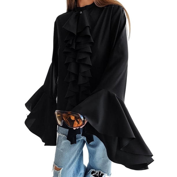 Blusas Casuales para Mujer, con Mangas Acampanadas, Cuello Alto y Volantes, Camisa de Verano A para Vacaciones. Negro L