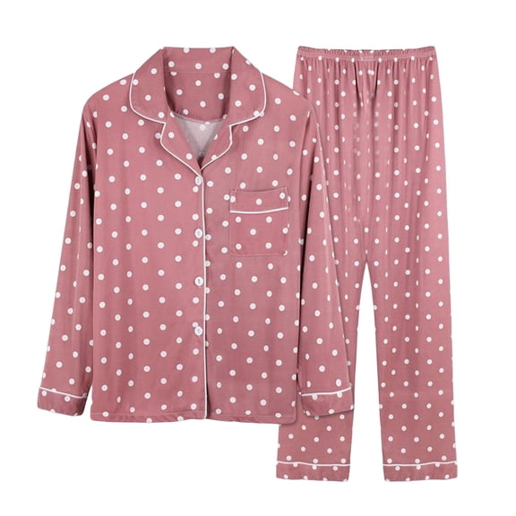 NSLGXD Pajamas for Women Two Piece Pjs Sets Cute Polka Dot Print Loungewear Outfits Long Sleeve Button Down Blouses Tops Loose Long Pants Sleepwear Soft 2 Piece Suits