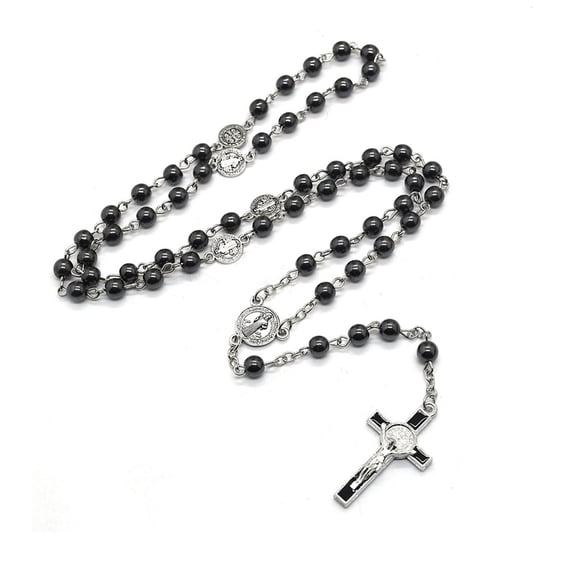 Yammee Catholic Rosary Prayer Necklace Mary Blessing Black Gallstone for Cross Pendant Necklaces Round Beads Long Chain Jewelry