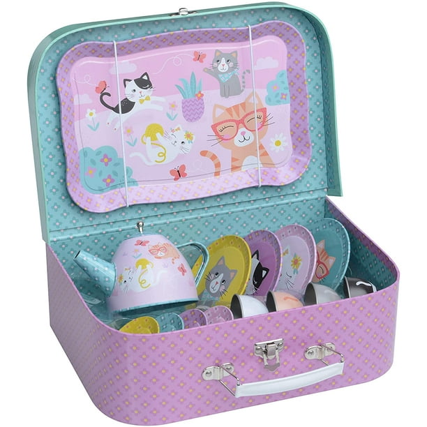 Jewelkeeper 15 Piece Kids Tin Tea Set & Carrying Case Cat Design
