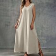 thumbnail image 6 of QUNYINEY A Line Women's Dresses Summer Sleeveless Long Sundress Solid Casual with Slit Loose Fit V-Neck Dresses, 6 of 7