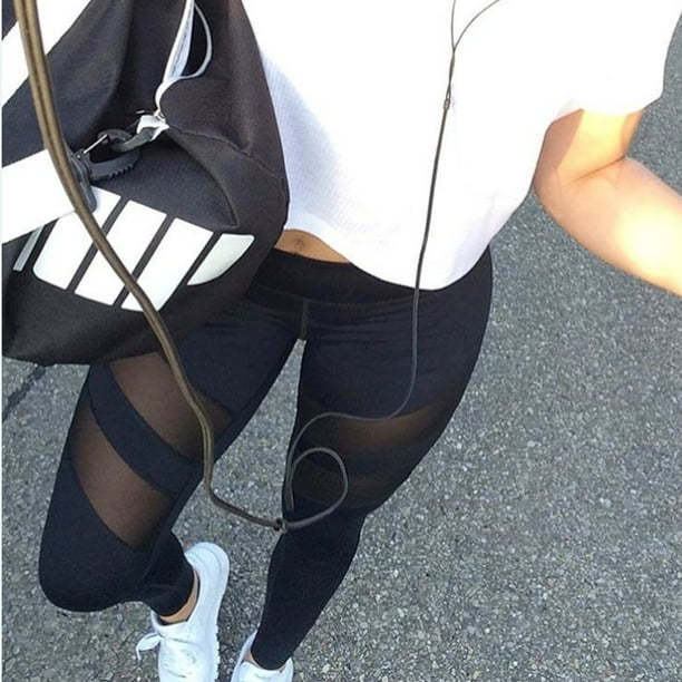 Slim Leggings Fashion High Waist Mesh Non See-Through Splicing Sport Yoga  Gym Running Pants 4 Way Stretch for Women