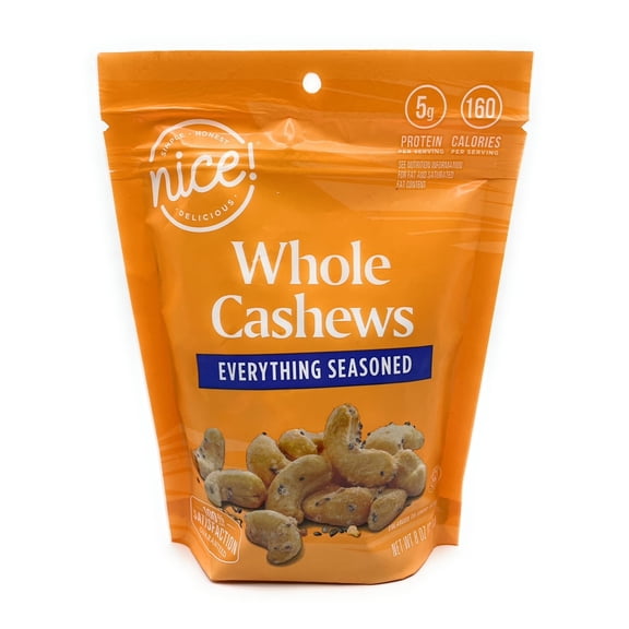 Everything Seasoned Whole Cashews, 5g Protein Per Serving, Gluten Free, Low Sugar, Kosher Snack, Nice 8oz Bag