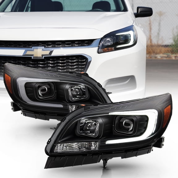 2013-2015 Chevy Malibu Black LED Tube Halogen Projector Headlights Headlamps Set