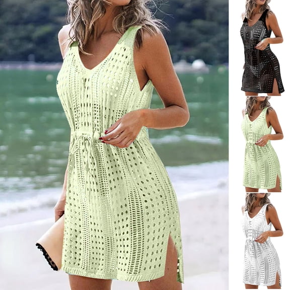 Tqyyweavej Women Crochet Bathing Suit Cover ups Waist Drawstring Sleeveless Swimsuit Coverup Solid Color V Neck Swim Cover Up for Women