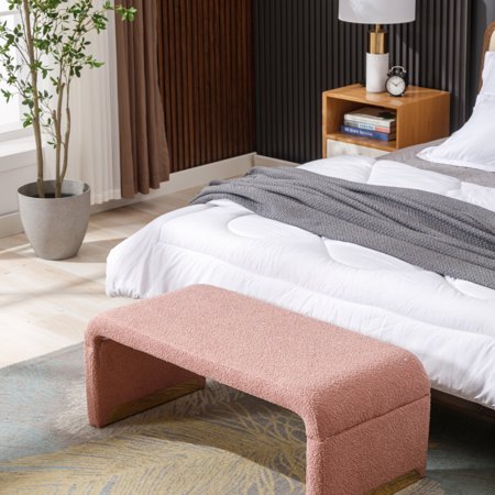 Coffee Pink New Boucle Fabric Loveseat Ottoman Footstool Bedroom Bench Shoe Bench With Elegant Gold Metal Legs and Plush Cushion Comfort