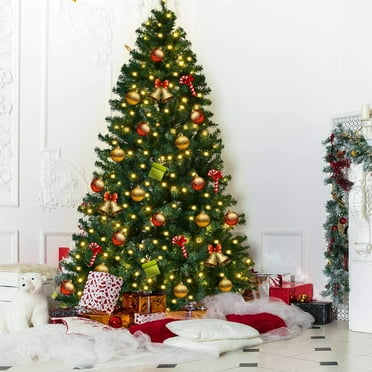 Gymax 7.5FT Pre-Lit Christmas Tree Hinged Artificial Tree w/ Metal Stand LED Lights