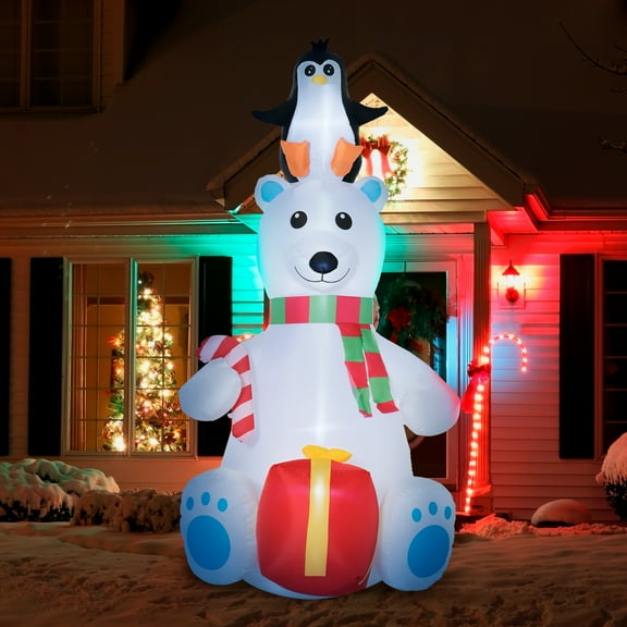 Outsunny 7ft Christmas Inflatables Outdoor Decorations Polar Bear with Penguin on Head with Candy Cane and Gift Box, Blow-Up LED Yard Christmas Decor