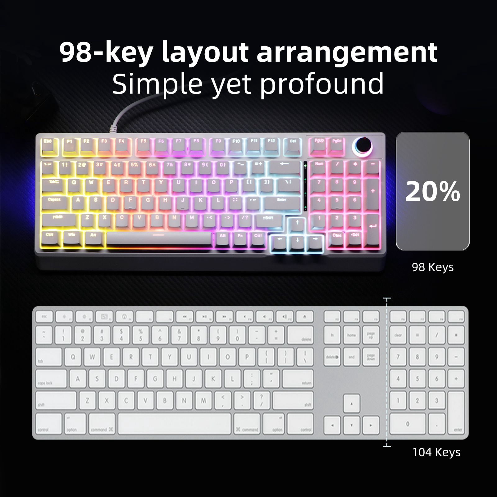 98 Keys Hot Swappable Mechanical Gaming Keyboard with Multifunctional Knob, Side RGB Strip Light, Adjustable Foldable Stand & Full Key Anti-ghosting