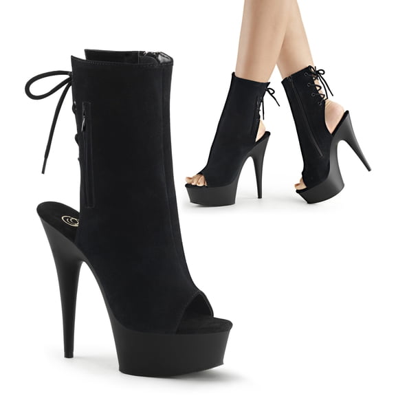 *6" Heel, 1 3/4" PF Open Toe/Heel Ankle Boot, Side Zip - Blk Suede/Blk Matte, 6