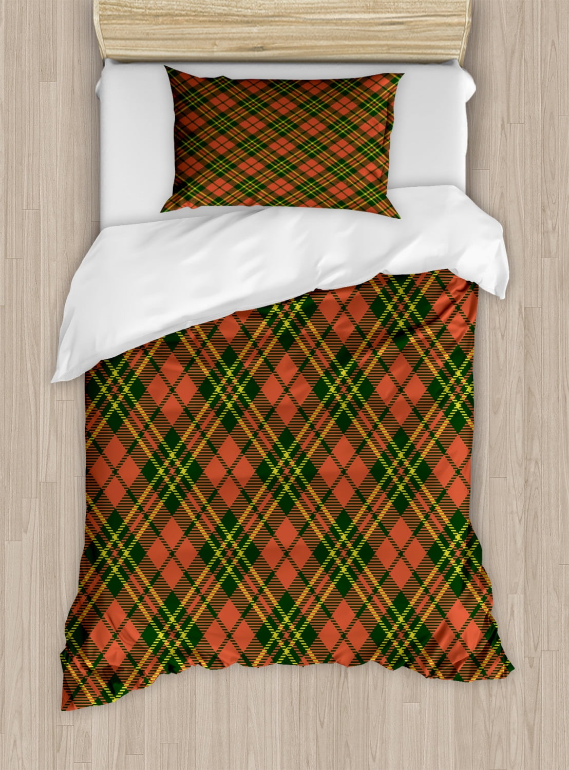 Checkered Duvet Cover Set Twin Size, Irish Tartan Plaid Motifs in