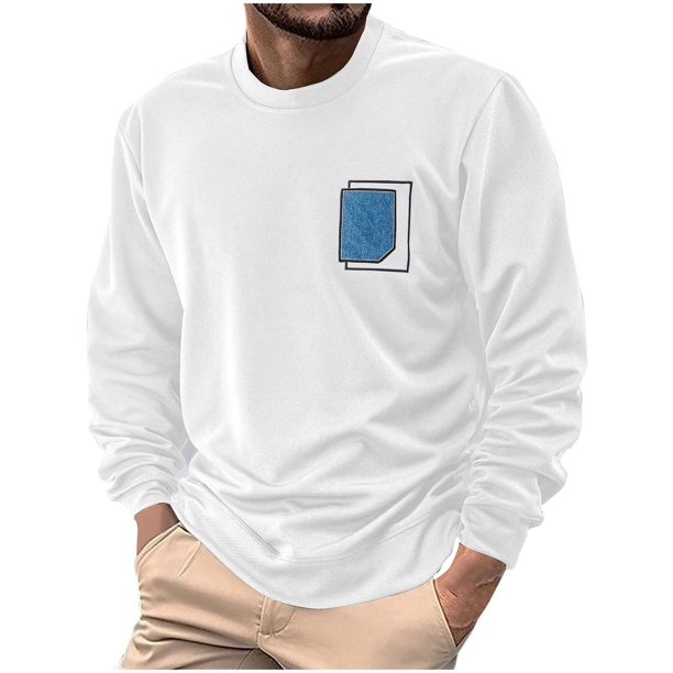 Blusas y camisas de manga larga con cuello redondo para hombre, color liso, informal, con parche bordado, cuello redondo, sudadera con capucha, blusa de poliéster para hombre