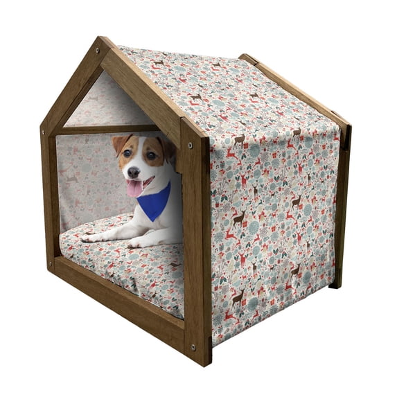 Christmas Pet House, Vintage Xmas Theme Hearts Jingle Bells Deer Floral Details, Outdoor & Indoor Portable Dog Kennel with Pillow and Cover, 5 Sizes, Petrol Blue Brown, by Ambesonne