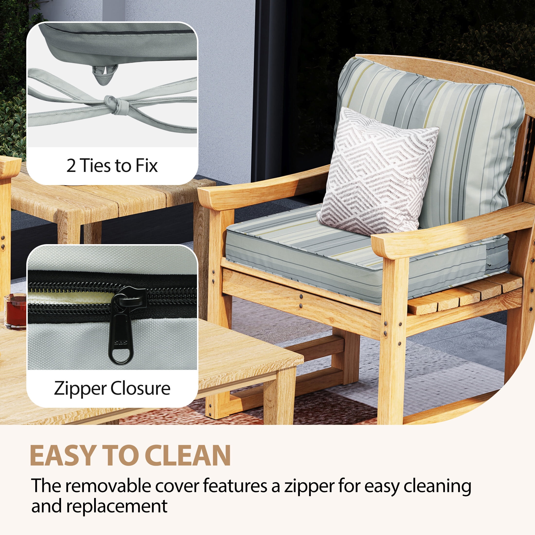 24 x 24 Waterproof Outdoor Deep Seat Cushion for Patio Furniture Cushion Replacement, Set of 4, Gray Stripes