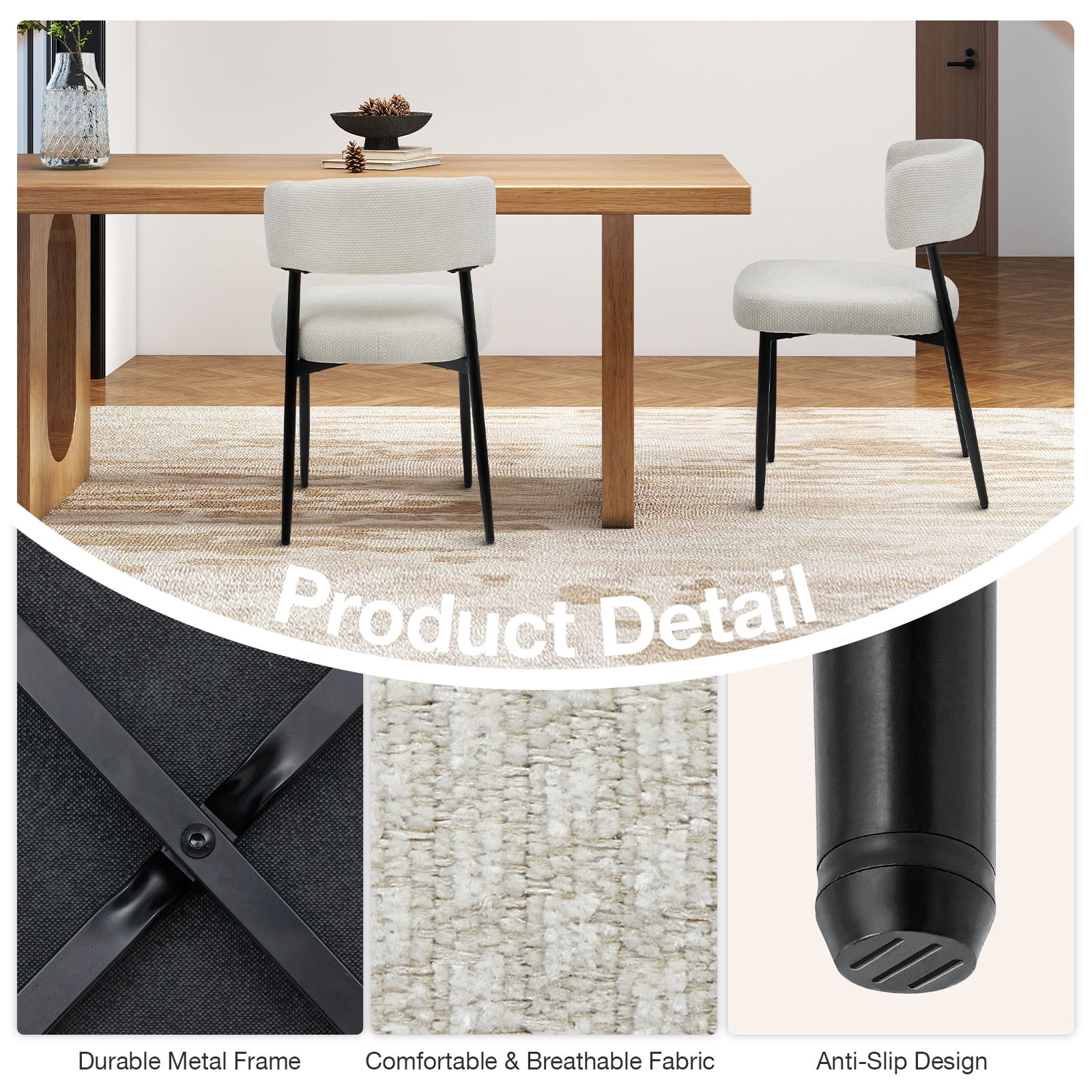 EDX Dining Chairs Set of 4, Mid Century Modern Chair Round Upholstered Curved Backrest, Kitchen Vanity Living Room Chairs with Black Metal Legs, Beige