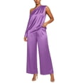 thumbnail image 5 of Womens Satin Two Piece Set Asymmetrical One Shoulder Top High Waist Wide Leg Pants Elegant Party Outfit Purple XXXL(XXXL), 5 of 6