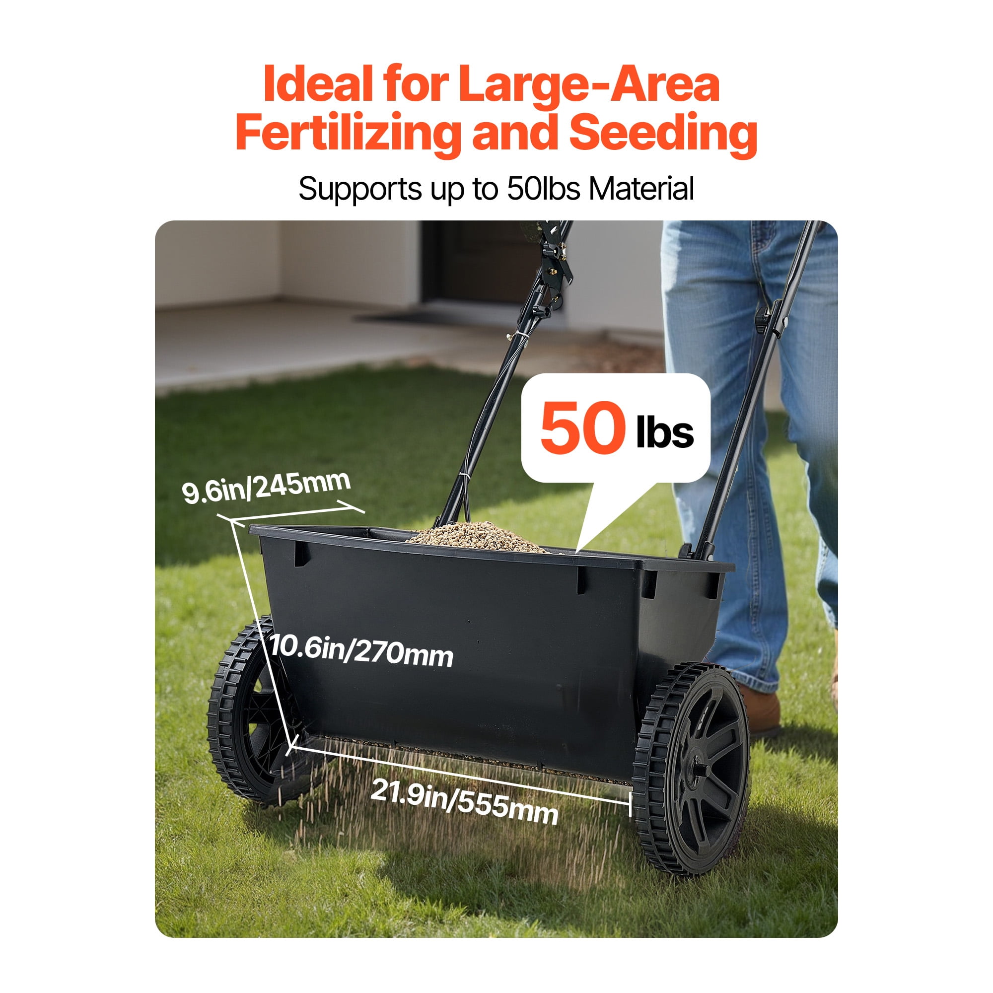 KFFKFF Walk-Behind Push Spreader, 50 lbs Capacity, Drop Spreader with Hopper Grate, 18-inch Spread Width & 10 Adjustable Settings, 10-inch All-Terrain Tires, Ideal for Seed, Fertilizer, and Salt