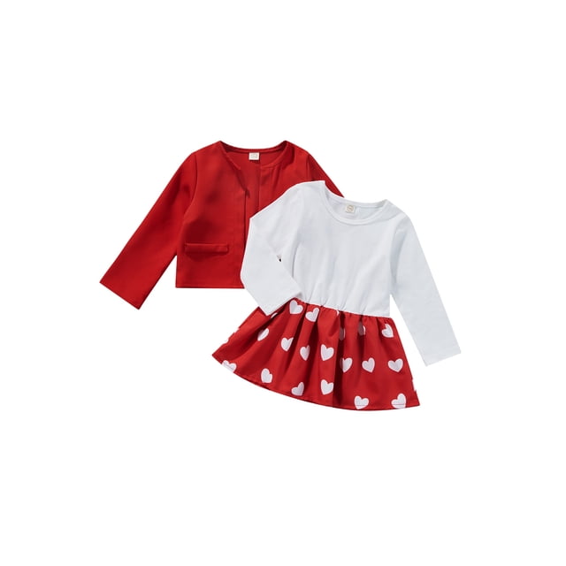 Xingqing Saint-Valentin Bébé Filles Robe Imprimée Cœur + Cardigan à Manches Longues Manteaux Ensemble 2 Pcs Rouge 4-5 Ans