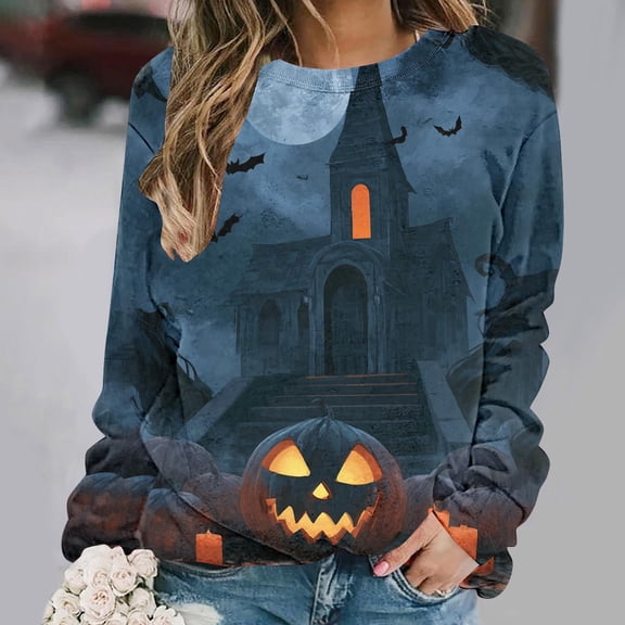 Uootdi Halloween Sweatshirts for Women Crew Neck Black Cat Haunted House Pumpkin Graphic Womens Sweatshirt Oversized Fit Night Event Lightweight Womens Tops Gift