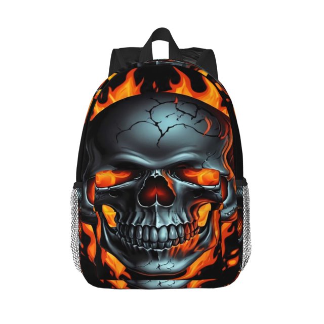 Lukts Flame Metal Skull Pattern 15 Inch Student Backpack, Waterproof Laptop Backpack with Adjustable Shoulder Straps, Lightweight Travel, Campus Backpack, Unisex