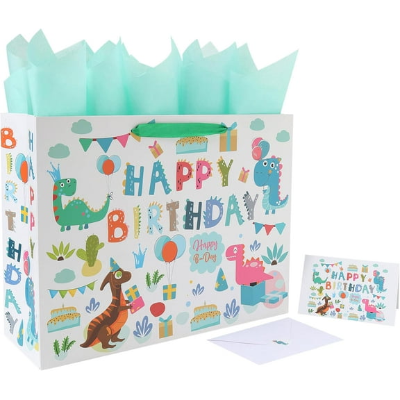 16.5” Extra Large Dinosaur  Birthday Gift Bag Set with Handles, Greeting Card, Tissue Papers and Stickers for 1st Birthday 2 Year Old Boys’, Girls',  Baby Shower, New Moms or Parents,1 Pcs
