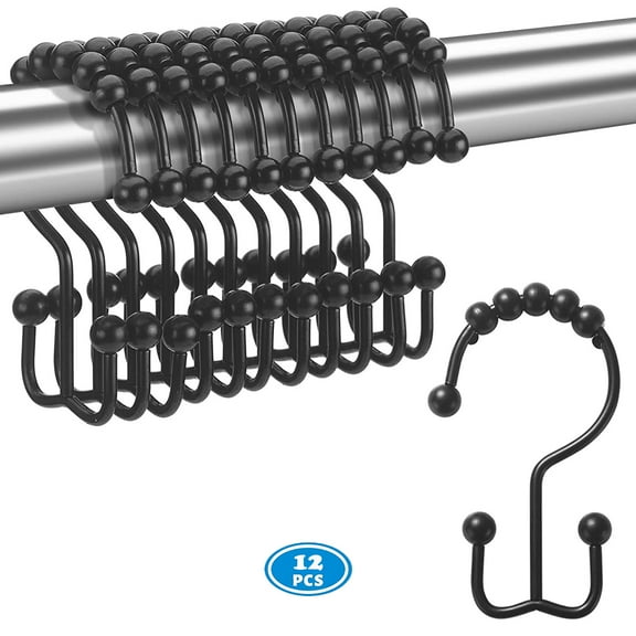 NimJoy Set of 12 Shower Curtain Ring Hook, Rust-Resistant Glide Stainless Steel Shower Double-Hooks, Black Finish