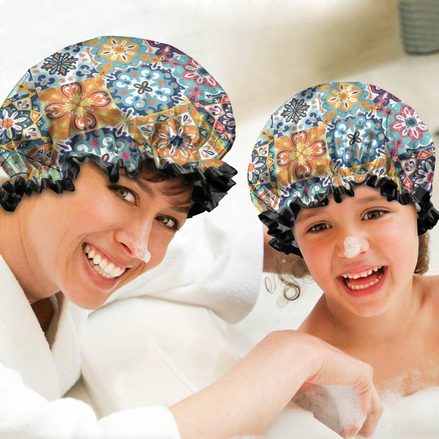Shower Caps,Blue Boho Bohemia Floral Geometric Pattern Waterproof Shower Cap for Women 4 Pieces,Double Reusable Hair Cover for Shower PEVA Elastic Stretch Hem