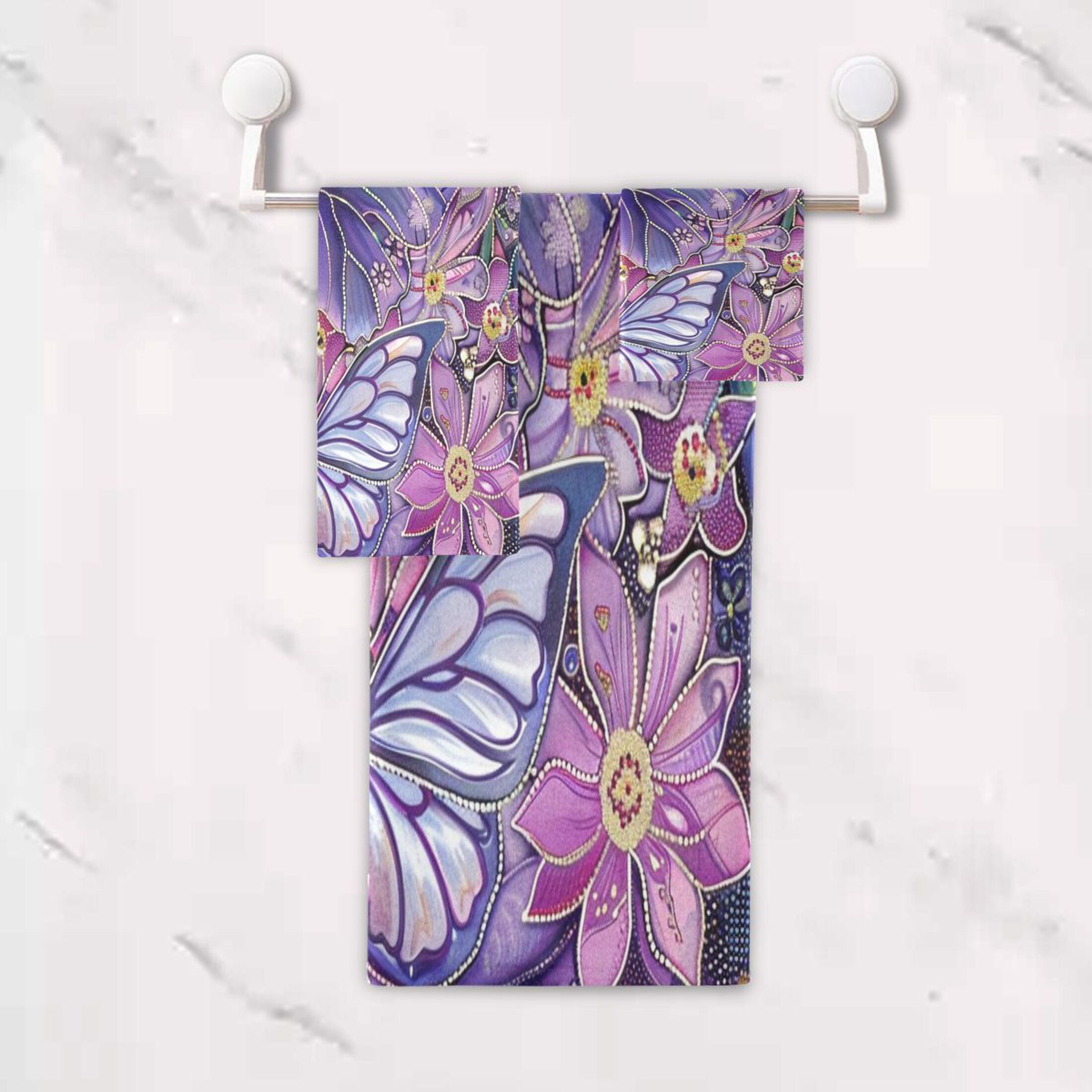 BZSMCE 3piece Bath Towel Sets Hand Bath Towels Fashion Purple Butterfly Garden Printed Towel Sets