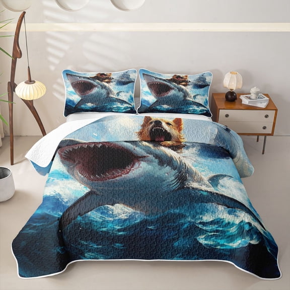 Homewish Cool Corgi Shark Twin Quilt Set,Cartoon Animal Twin Coverlet Set,Blue,Ocean Wave Decor,2 Pieces