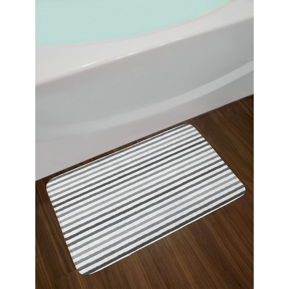 Striped Bath Mat, Gray and White Stripes Monochrome Tone Brush Style