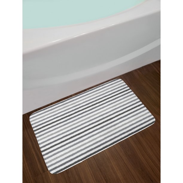 Striped Bath Mat, Gray and White Stripes Monochrome Tone Brush Style Lines Grunge Retro Digital