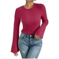 thumbnail image 2 of ClodeEU Womens Long Bell Sleeve T Shirts, Knit Crewneck Lightweight Sweaters,Trendy Blouse Hot Pink,Womens Plus M, 2 of 5