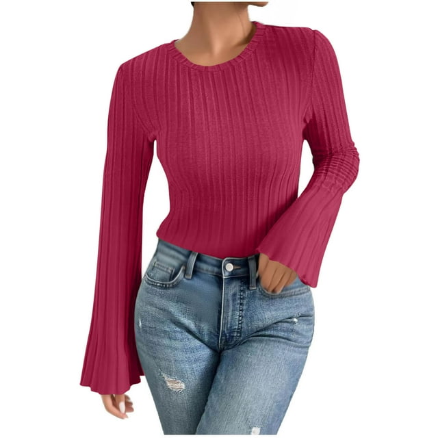 Chandail à Manches Évasées en Tricot Côtelé pour Femmes, Col Rond, Coupe Ajustée, Manches Longues Évasées, avec Bordure en Laitue, Chic Décontracté, Mode d'Automne, Chandail, Rose Vif, P