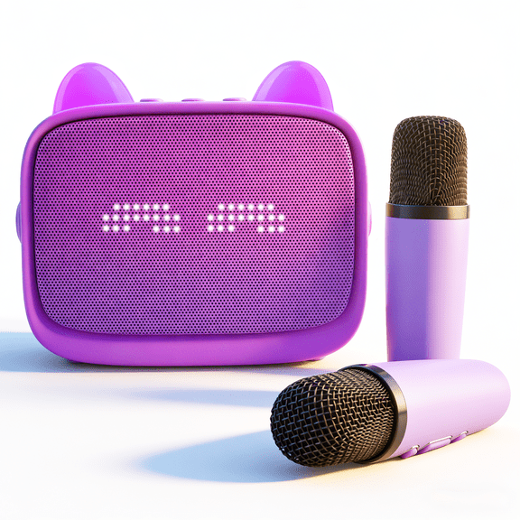 Demine Upgraded Mini Karaoke Machine Toy, Portable Bluetooth Speaker with 2 Wireless Mics, Built-in Phone Holder & Emoji LED Lights, Christmas Birthday Party Play Gifts for Boys Girls