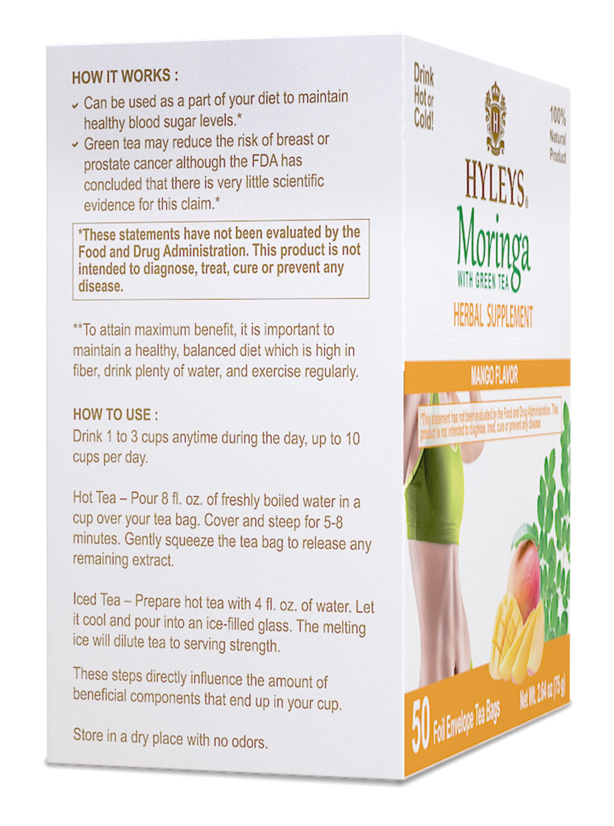 Hyleys Moringa Leaves Green Tea Bags - 50 Ct- 300 Tea Bags (6 Pack) - Mango Tea Flavor