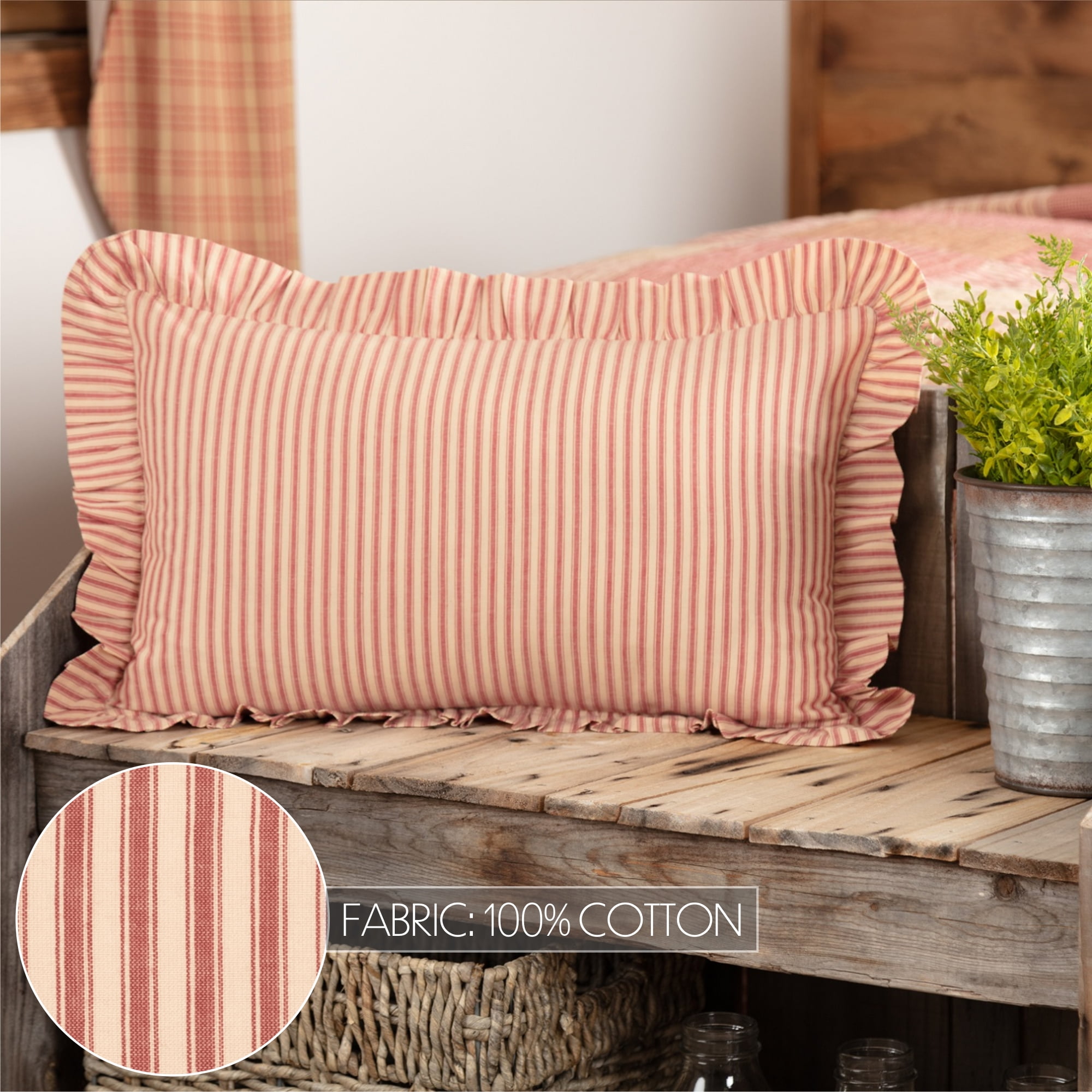 VHC Brands Sawyer Mill Red Ticking Stripe Fabric Pillow 14x22