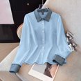 thumbnail image 4 of QASIEATN Womens Oversized Shirts Long Sleeve Mock Turtleneck V Neck Button Down Denim Pullover Shirts, 4 of 8