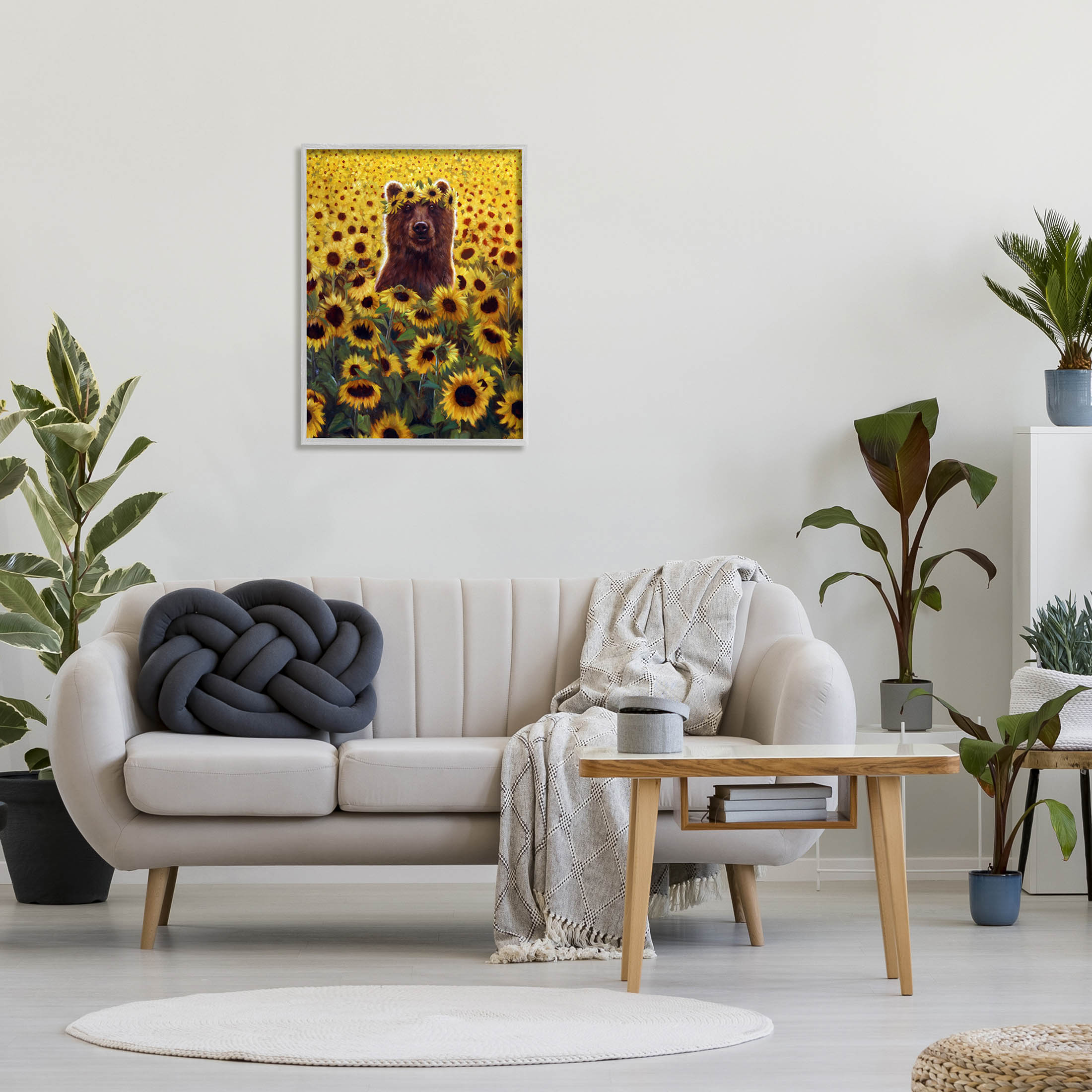 Happy Bear Sunflower Field Animals & Insects Painting Gray Framed Art Print Wall Art