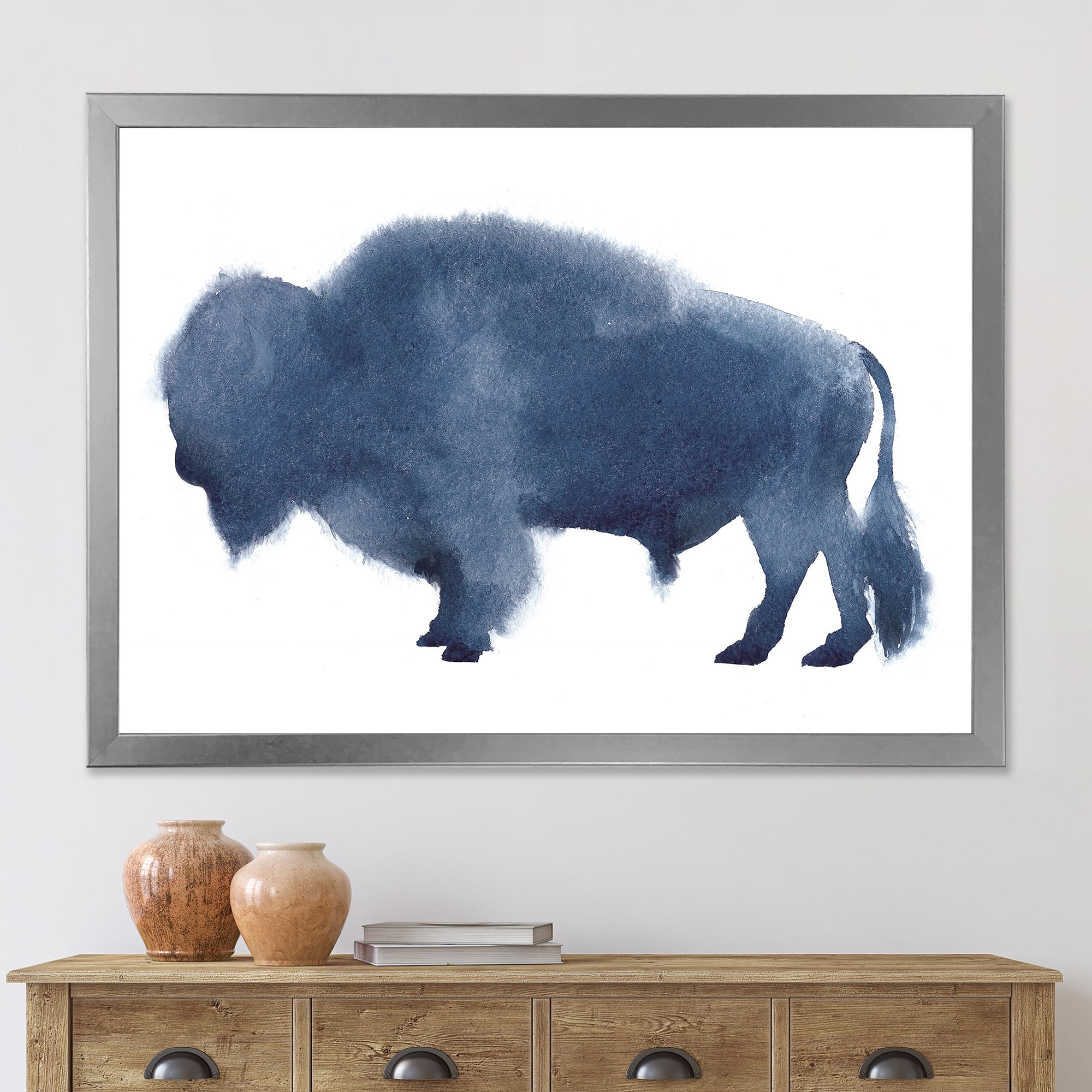 Designart 'Navy Blue Bison Silhouette On White' Farmhouse Framed Art Print