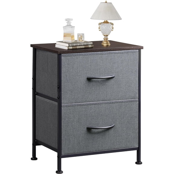 2 Drawer Small Dresser for Bedroom, Dark Grey Nightstand with Fabric Bins, End Table for Closet and Entryway, College Dorm Bedside Furniture