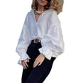 thumbnail image 3 of Women'S Pleated V Neck Puff Long Sleeve Button Down Blouse White XL, 3 of 8