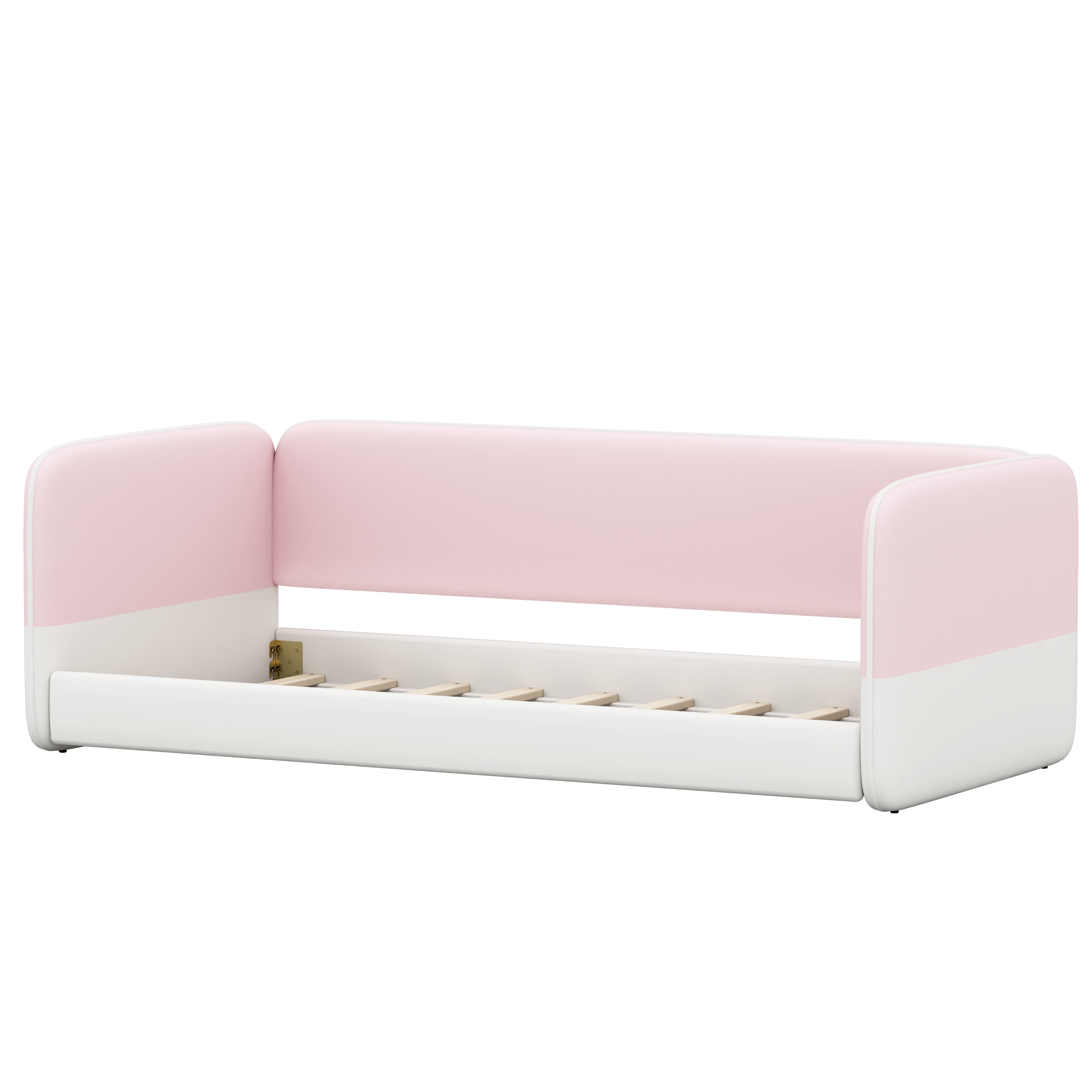 Mintazer Twin Size Beige Montessori Floor Bed with Velvet Upholstered Sides for Kids Toddler, Pink