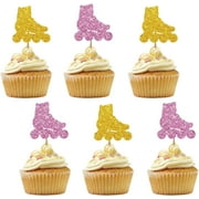 12pcs Roller Skates Cupcake Toppers, Gold & Pink Glitter Roller Skating Birthday Cupcake Toppers for 80s 90s Retro Hip Hop Skating Party Supplies